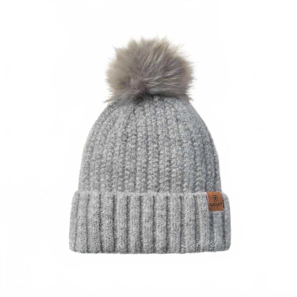 NEW ARIAT women's chilton faux fur soft knit pom beanie in heather grey